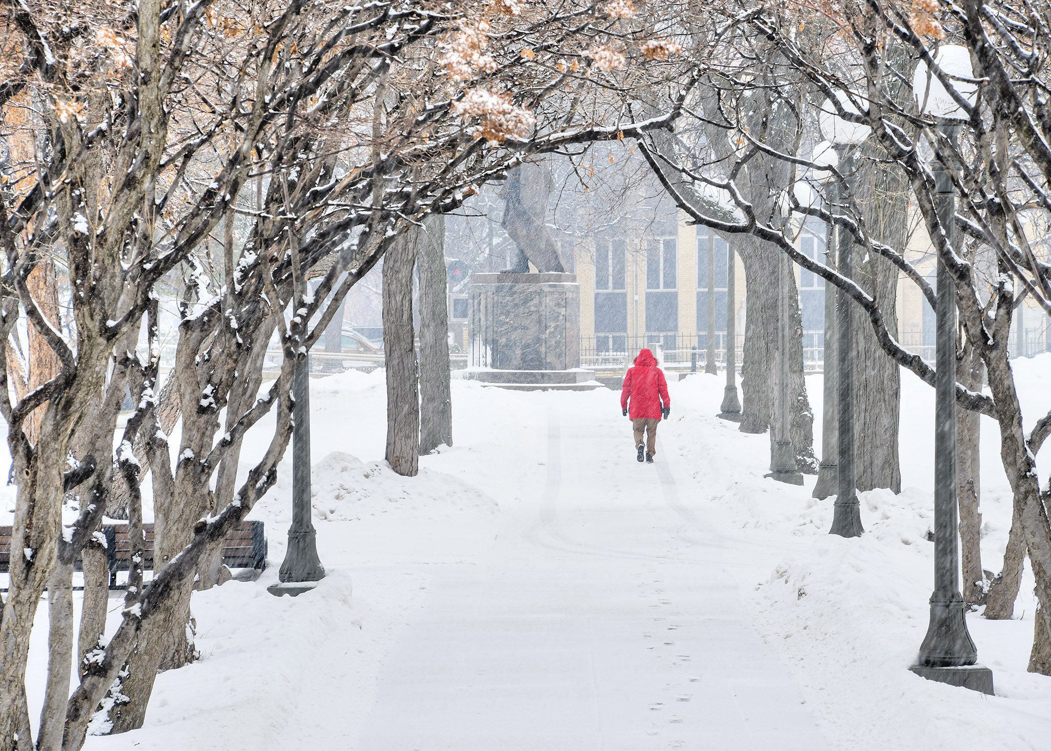 A red-coated visitor trudges away from the State Office Building through the snow Jan. 14. Photo by Andrew VonBank